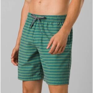 PRANA Men's Metric Swim Short Small Blue Green Cove Stripe 8" Inseam NWT